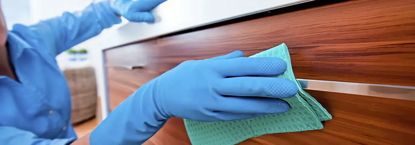 Cleaner wearing blue gloves wiping a wooden cabinet drawer with a microfiber cloth for dust and grime removal, Milwaukee, WI.