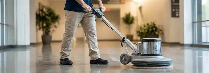 Professional technician using an industrial floor buffer to polish and maintain shiny commercial flooring in a corporate hallway in Milwaukee, WI.