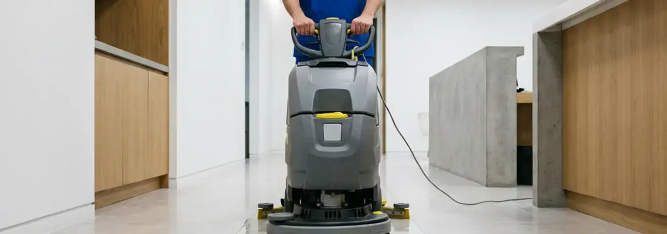 Janitorial staff using a floor scrubber machine to clean a commercial hallway, Milwaukee, WI.
