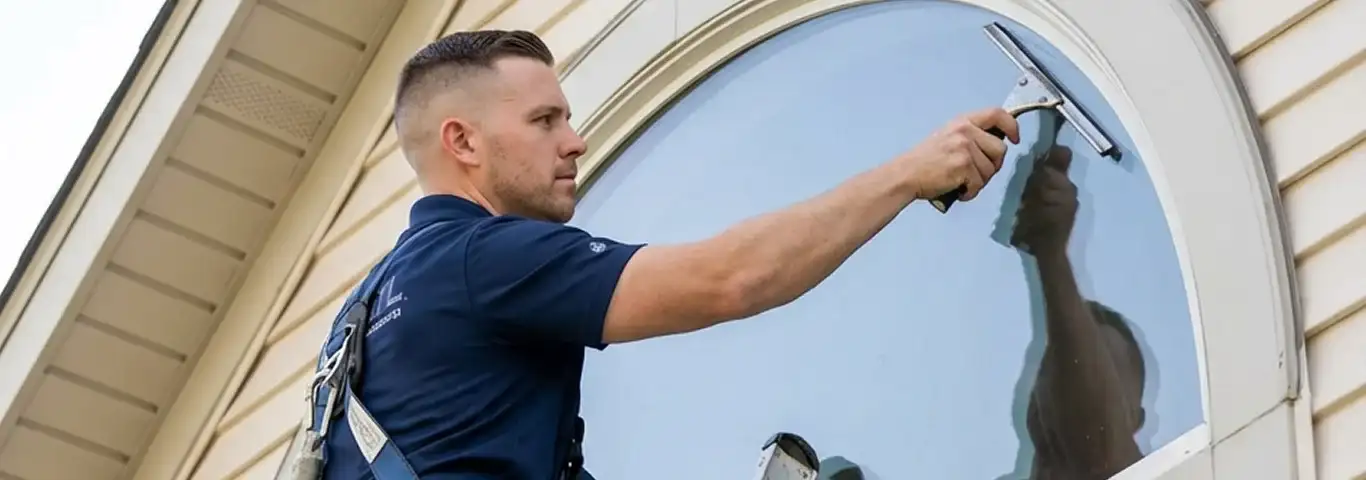 Professional window cleaner using a squeegee to clean an exterior arched window on a home, Milwaukee, WI.