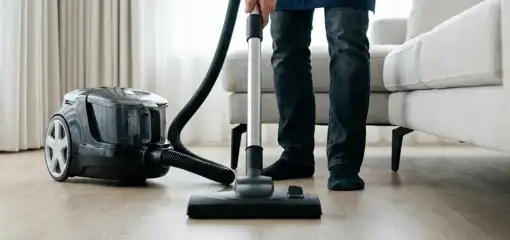 Professional house cleaner vacuuming a living room floor with a canister vacuum cleaner, Milwaukee, WI.