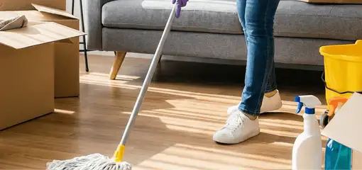 Move-out cleaning setup with a cleaner mopping hardwood floors near moving boxes and cleaning supplies, Milwaukee, WI.