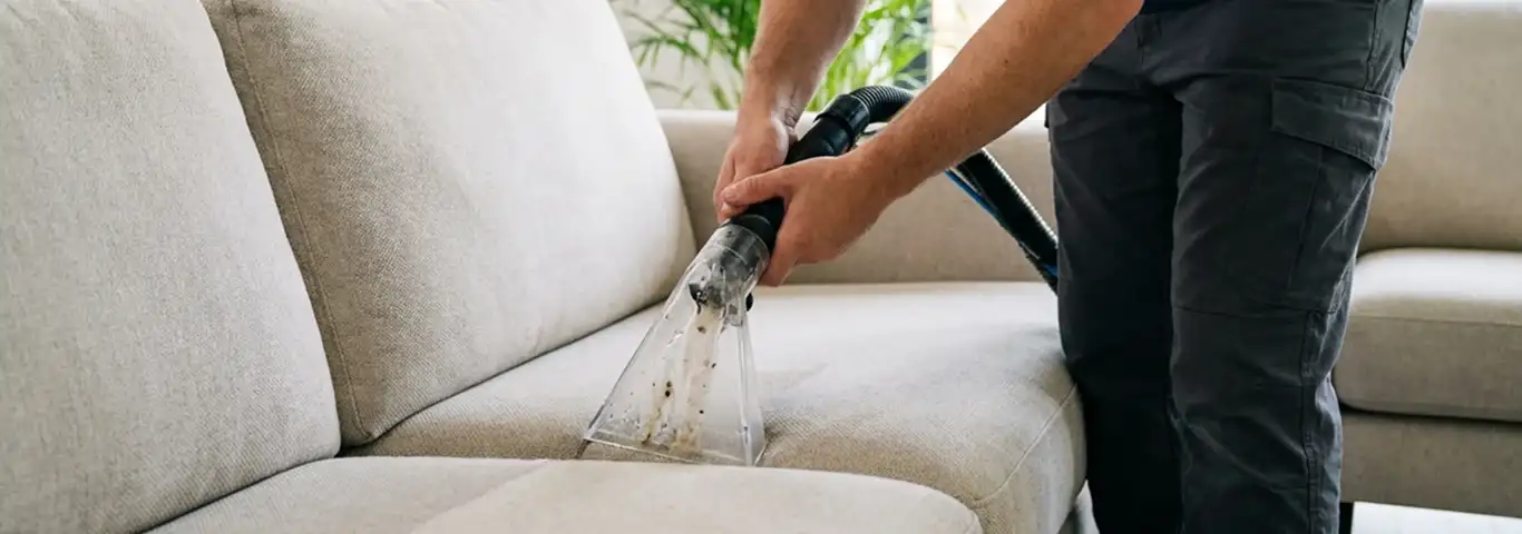 Technician extracting dirt and moisture from a fabric sofa with an upholstery cleaning wand, Milwaukee, WI.