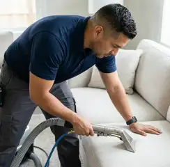 Professional upholstery cleaning technician using an extraction wand to deep-clean a fabric sofa, Milwaukee, WI.