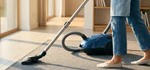 Person vacuuming a living room rug with a canister vacuum cleaner near large windows, Milwaukee, WI.